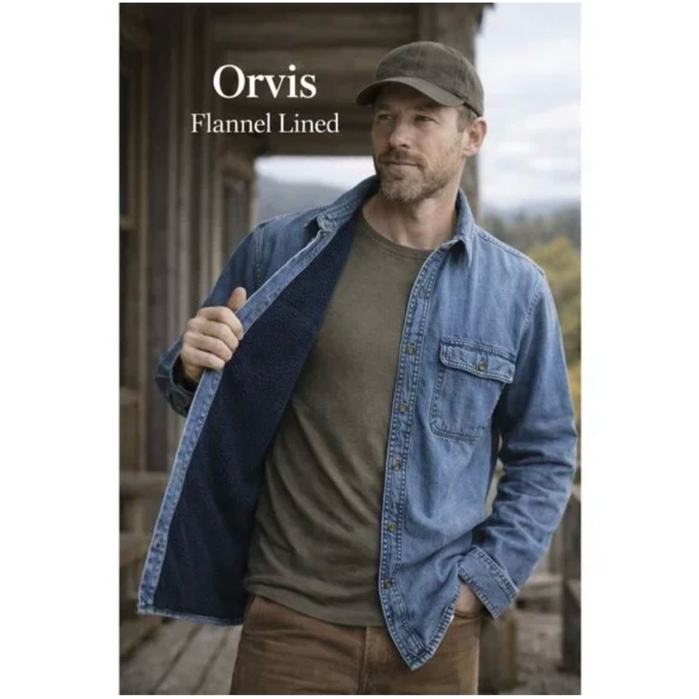 NWOT Orvis Men's Denim Shirt Jacket with Navy Flannel Lining